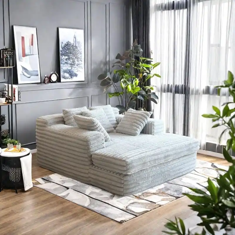 Grey / Beige Corduroy Chaise Lounge – Convertible Sofa Bed, 2 Pillows, Single
