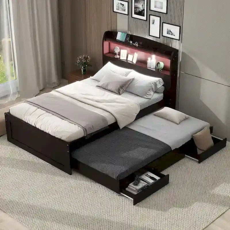 Grey / Dark Brown Twin XL Platform Bed with LED Headboard Shelves, Charging Station, Trundle & 2 Drawers