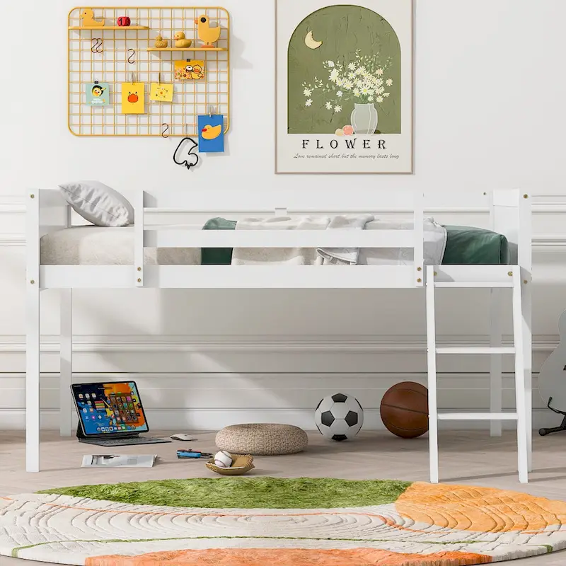 White / Grey Full Size Low Loft Bed with Convertible Ladder & Full-Length Guardrails