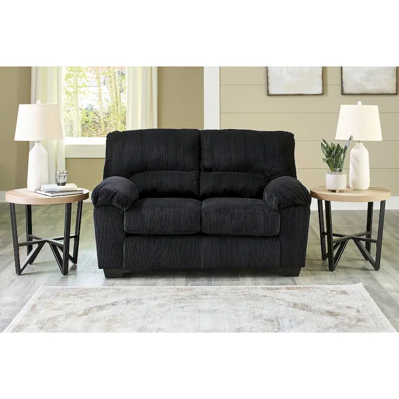 Corduroy Loveseat, 2-Seat, Black / Beige / Blue — 63W x 38D x 40H in.