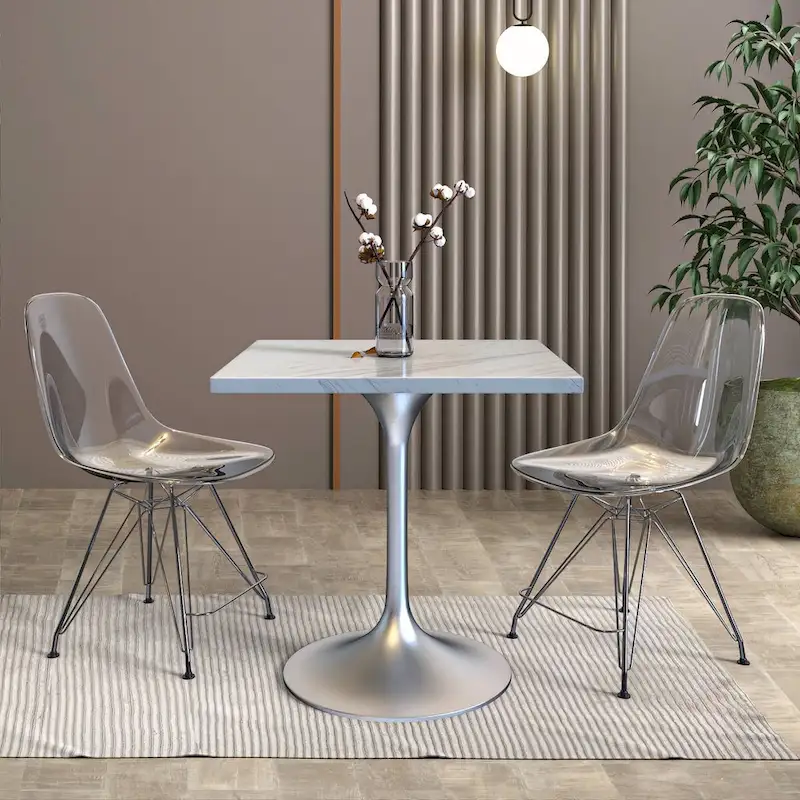 Square Dining Table with White Marbleized Resin Top and Modern Brushed Steel Base for Kitchen