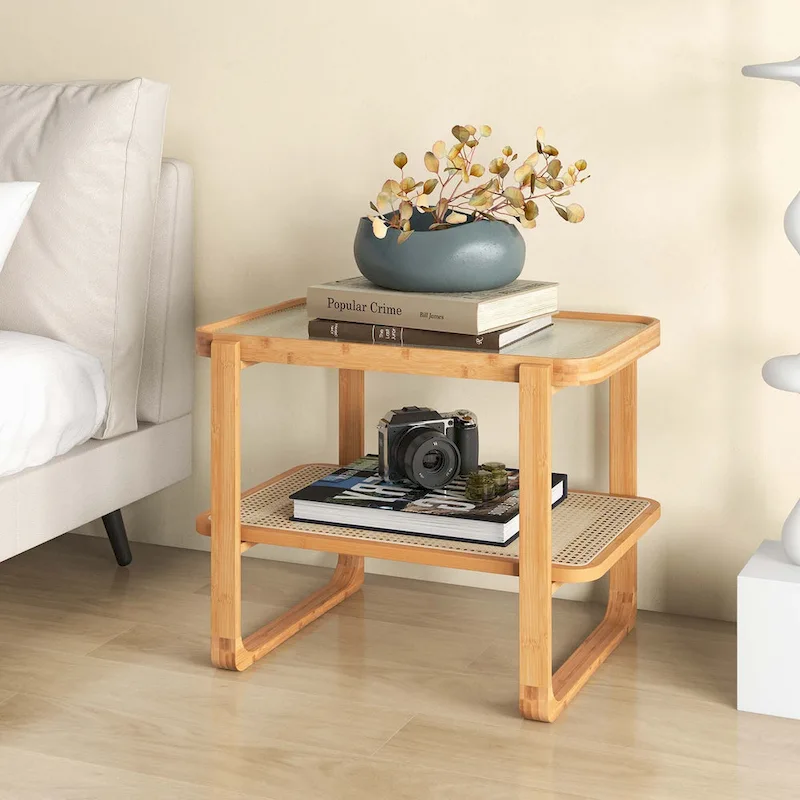 Bamboo Side Table with Rattan Shelf Glass Top Nightstand End Table