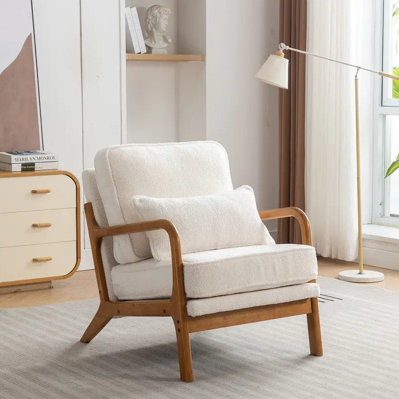 SEYNAR Mid Century Boucle Uplostered Soild Wood Accent Armchair with Pillow