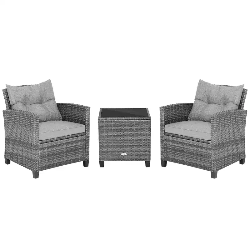 Costway 3PCS Patio Rattan Furniture Bistro Set Cushioned Sofas Side Table Armrest Red/Grey/Navy/Turquoise/Black