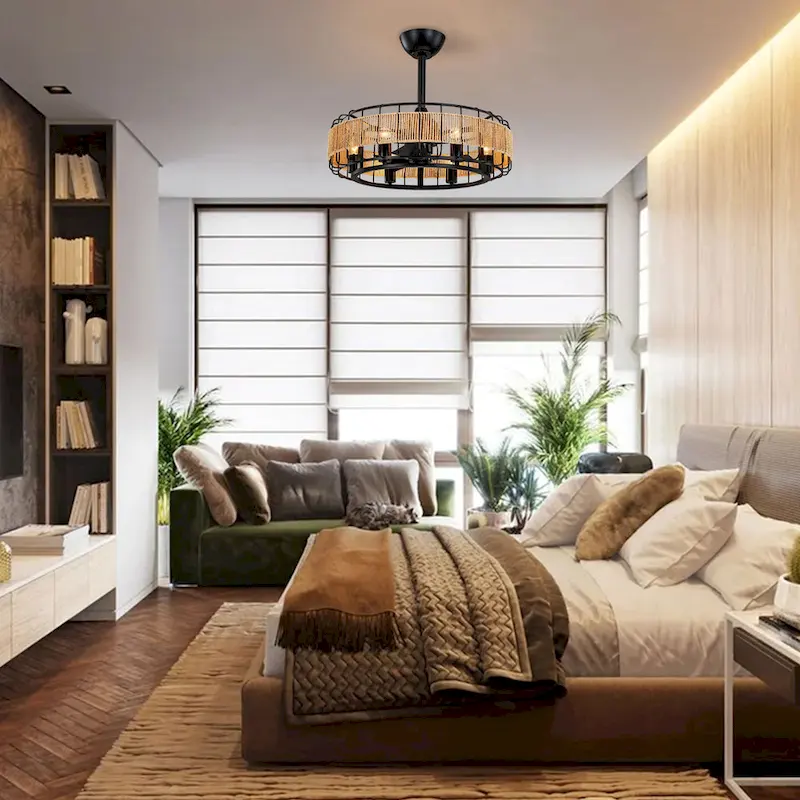 C Cattleya 23  3 Blades 6-Light Black Ceiling Fan with Paper Rope Shade