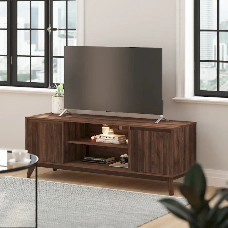 Mid-Century Modern TV Stand with Storage Cabinets and Adjustable Shelf