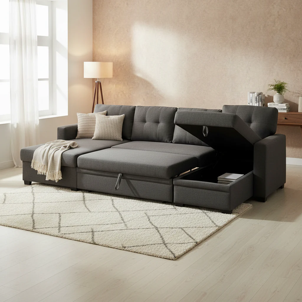Upholstered Pull Out Sectional Sofa with Chaise - 82W x 53D x 34.5H
