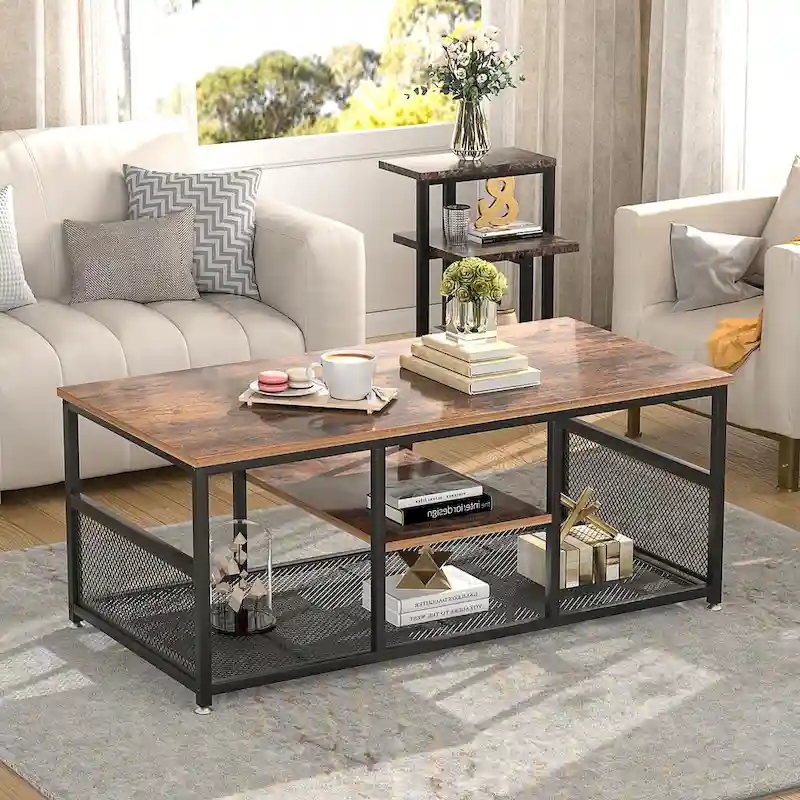 3-Tier Coffee Table with Metal Frame and MDF Shelves