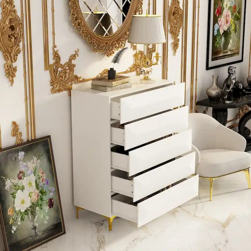 White Highboy Chest 5 Drawer Dresser with Gold Legs | Modern Asymmetrical Storage Cabinet | 31.5