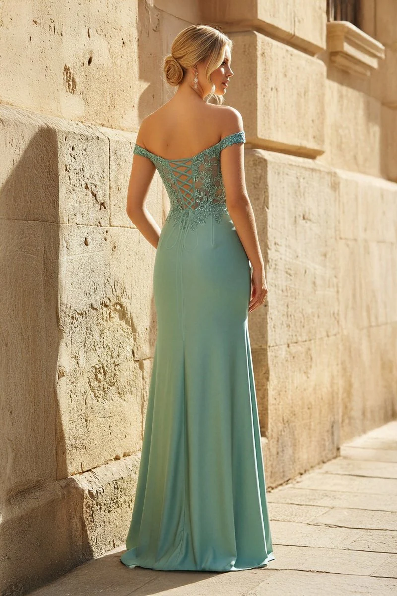 Green Off The Shoulder Appliqued Mermaid Prom Dress With Split