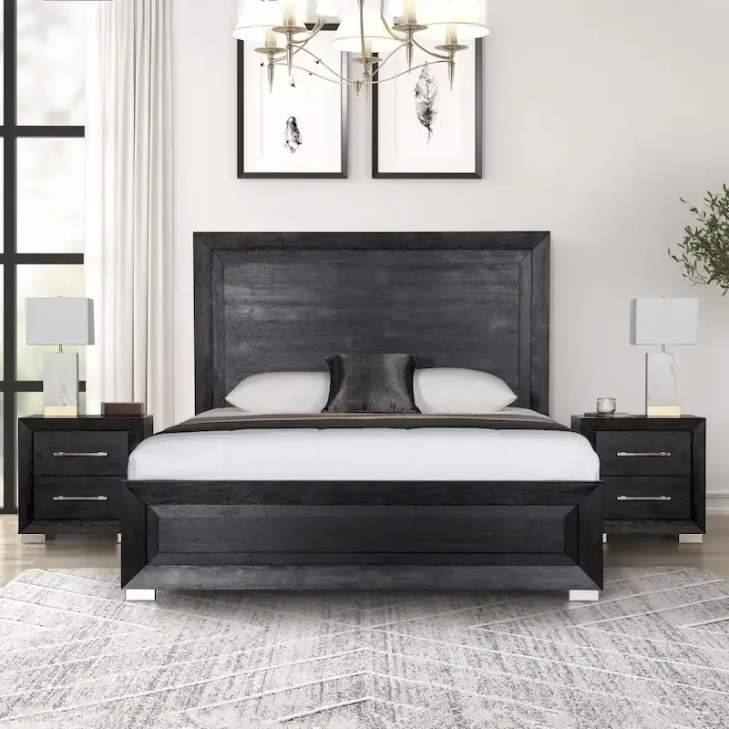 Alaric Modern Black Solid Wood Bed and Nightstand Bedroom With LED Headboard