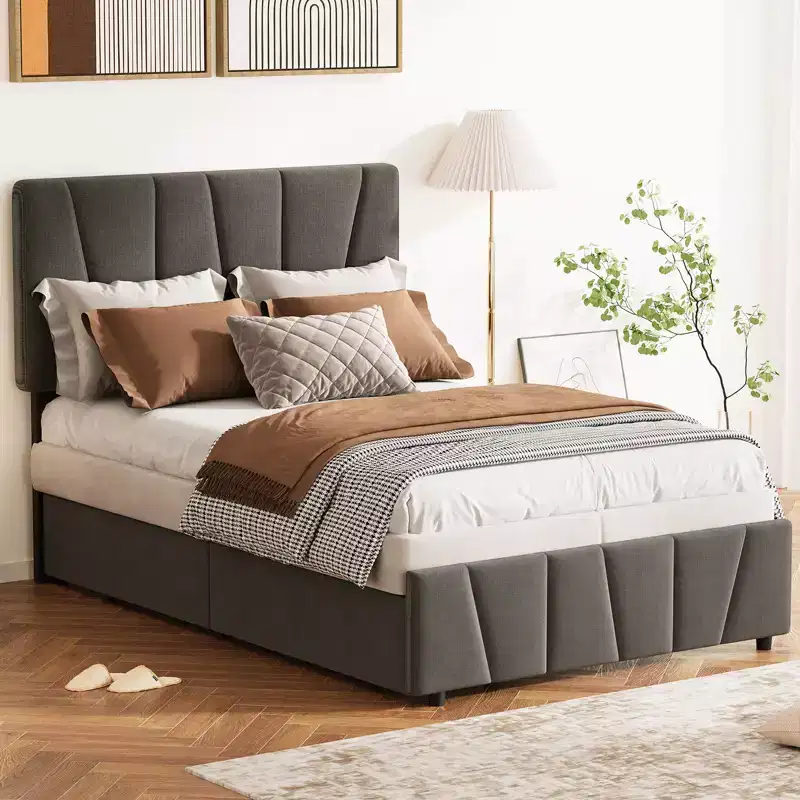 King Size Platform Bed Frame with Adjustable Headboard, 2 Storage Drawers, Soft Upholstered Design, Wooden Slats Support, No Box Spring Required