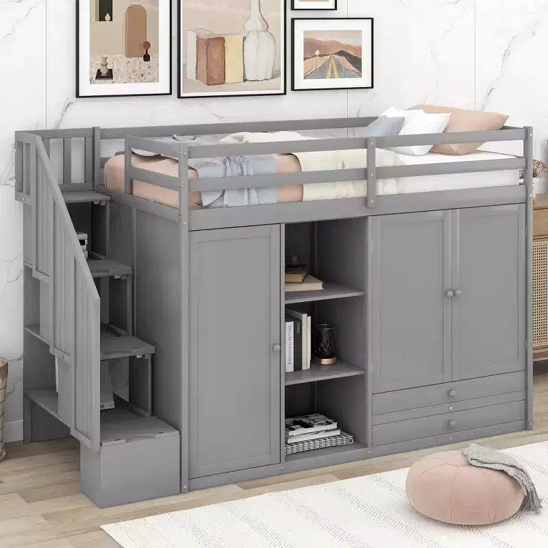 Whisen 93.3''L*42.4''W Functional Loft Bed with 3 Shelves, Wardrobes, Drawers, Ladder with Storage