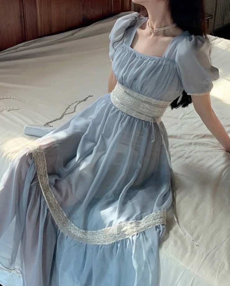 flowersverse  Summer Elegant Fairy Midi Dress Women Blue Vintage Evening Beach Party Dresses Female Korean Fashion Holiday Chiffon Dress