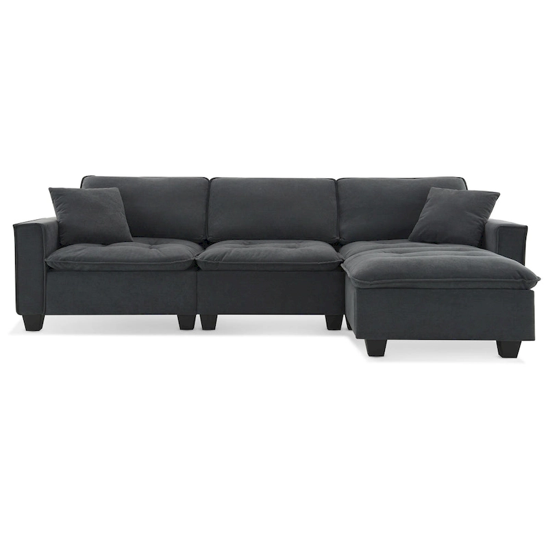 100 L-Shaped Convertible 4 Seater Sectional Sofa with Removable Ottoman and Matching Pillows, Suede Velvet Upholstery