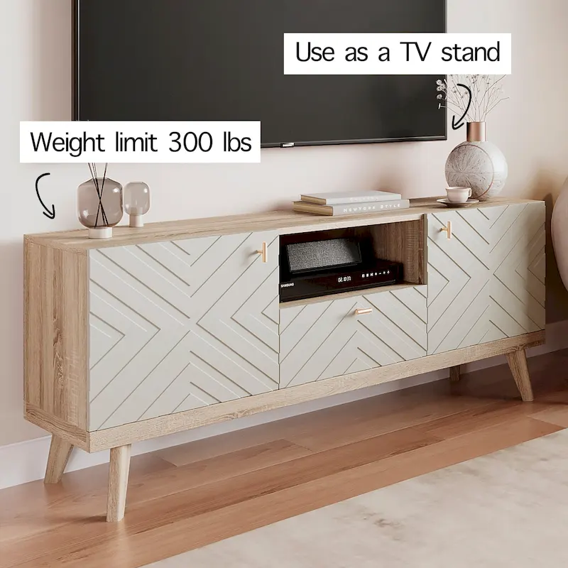 Living Skog Alba Beige TV Stand Console with Drawer Fits TV's up to 65 in. with Wood Legs Mid Century Modern Design