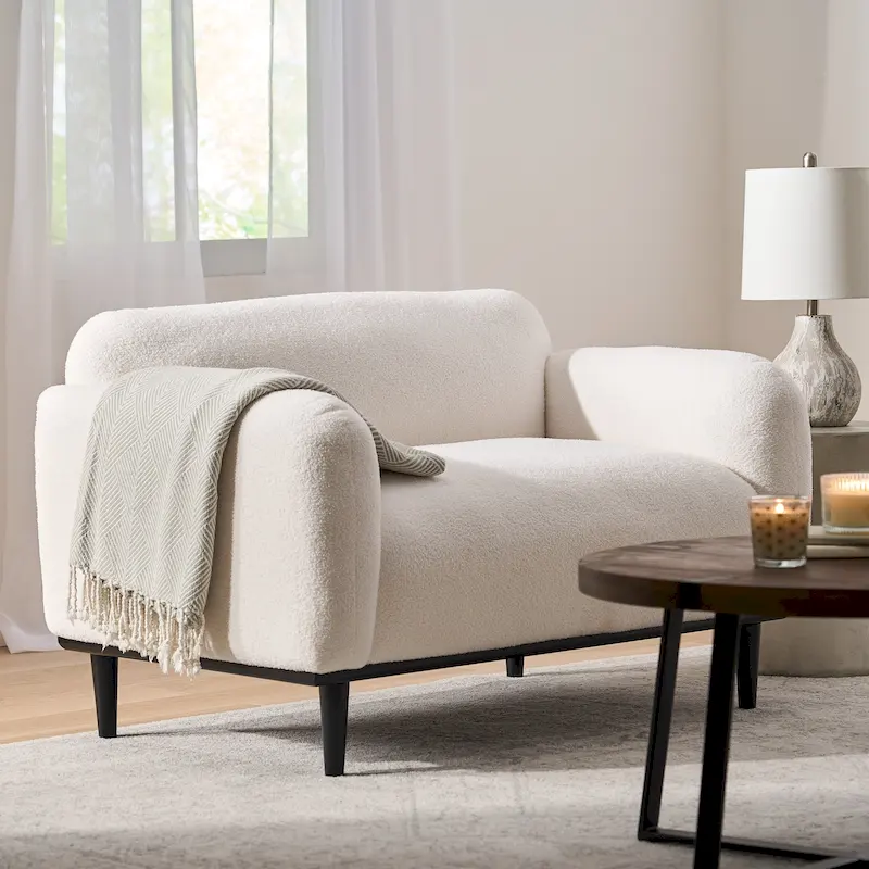 2-Seat Upholstered Loveseat – Dark Gray Velvet / White Boucle / Turmeric Velvet