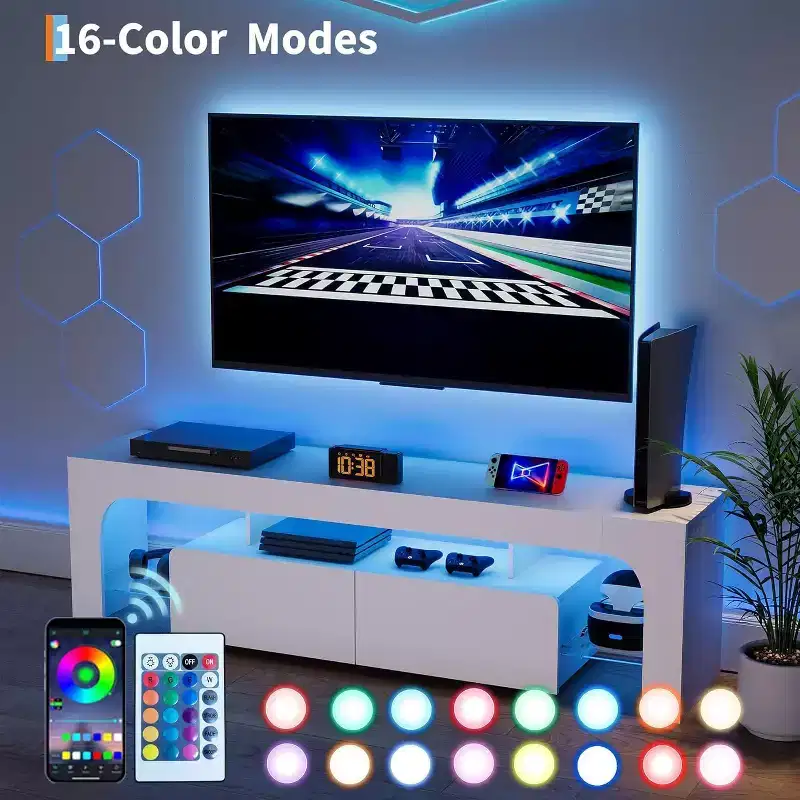 TV Stand with LED Lights, Modern Entertainment Center Media with 2 Drawer & Open Shelf Console Table Storage Desk Up to 70 in TV for Living Room