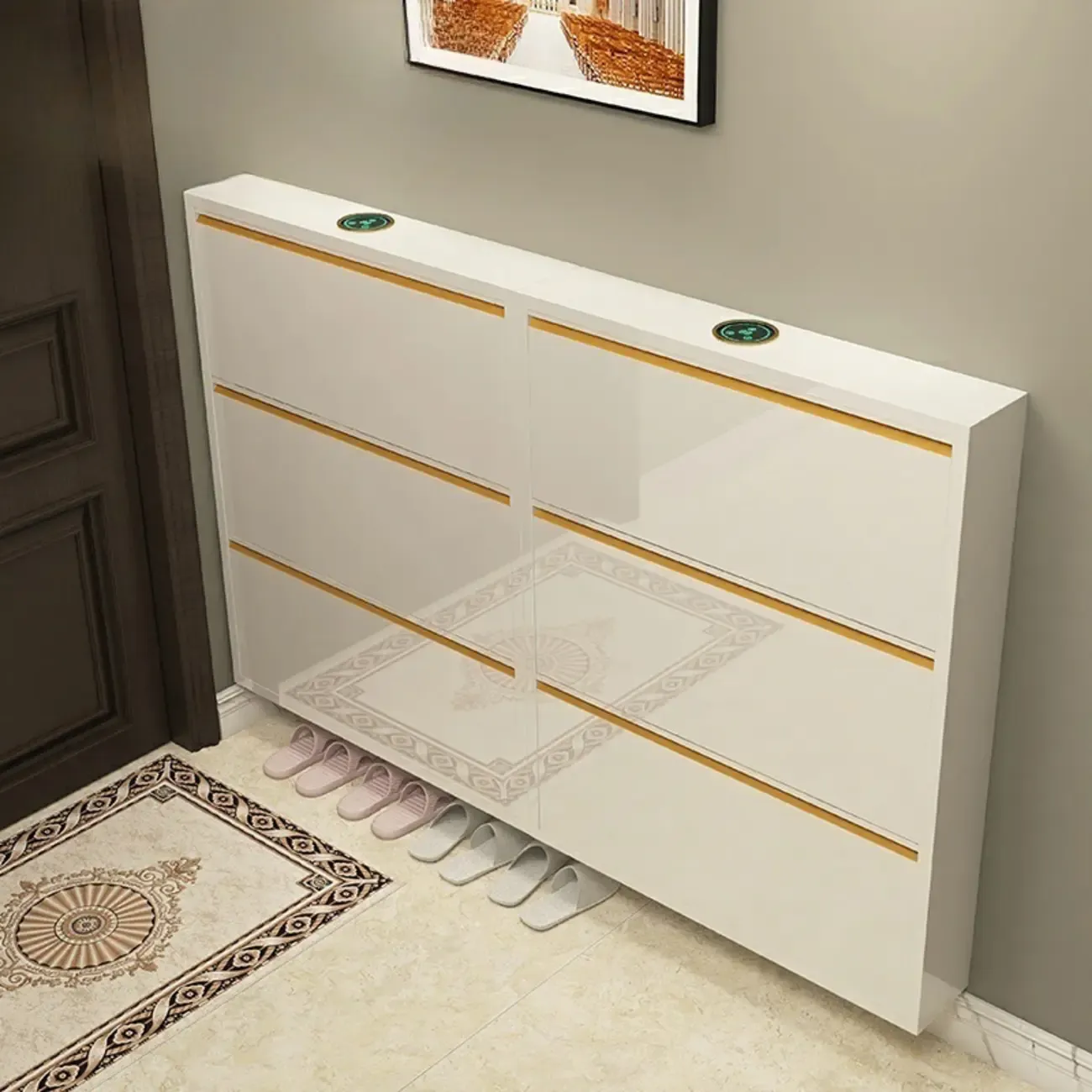 Gloss Black Wall Mounted Wooden Slim Drop Front Shoe Cabinet