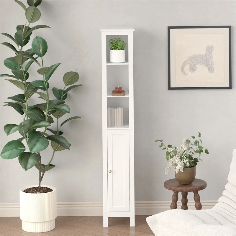 White MDF Tall Freestanding Bathroom Cabinet with 1 Door & Adjustable Shelves
