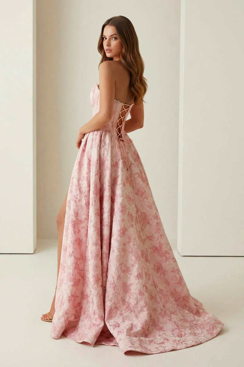 Pink A Line Strapless Jacquard Long Prom Dresses With Slit
