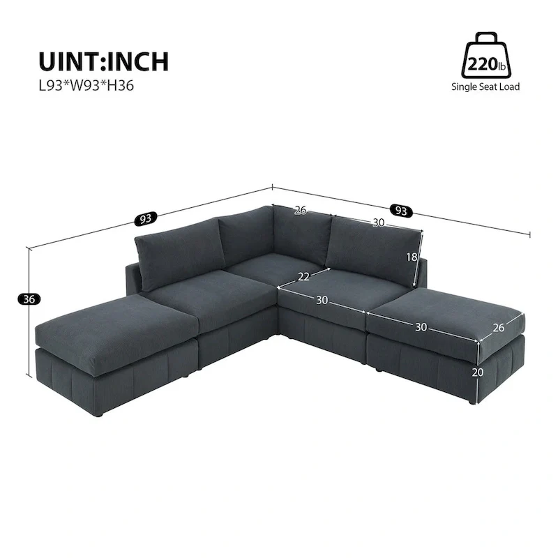 Modern L-Shape 5-Seat Sectional Sofa, Armless Couch Set,Ottomans,Various Combinations,Dark Gray