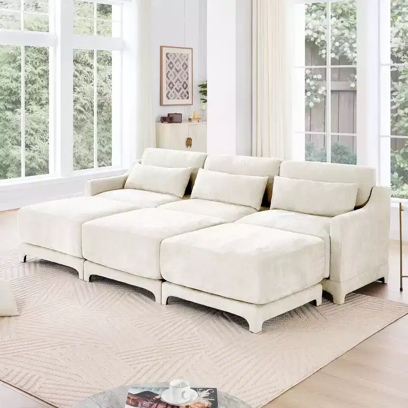 3-Seater Chenille Fabric Beige Sofa with 3 Movable Ottomans and Lumbar Pillow High Quality Wooden Base High Resilience Sponge