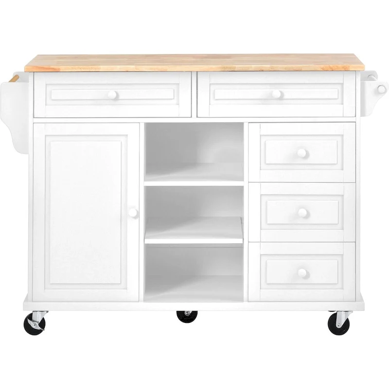 Rubber Wood Desktop Kitchen Cart Featuring Five Drawers, Concealed Cabinet, Adjustable Shelves and Smooth Rolling Wheels
