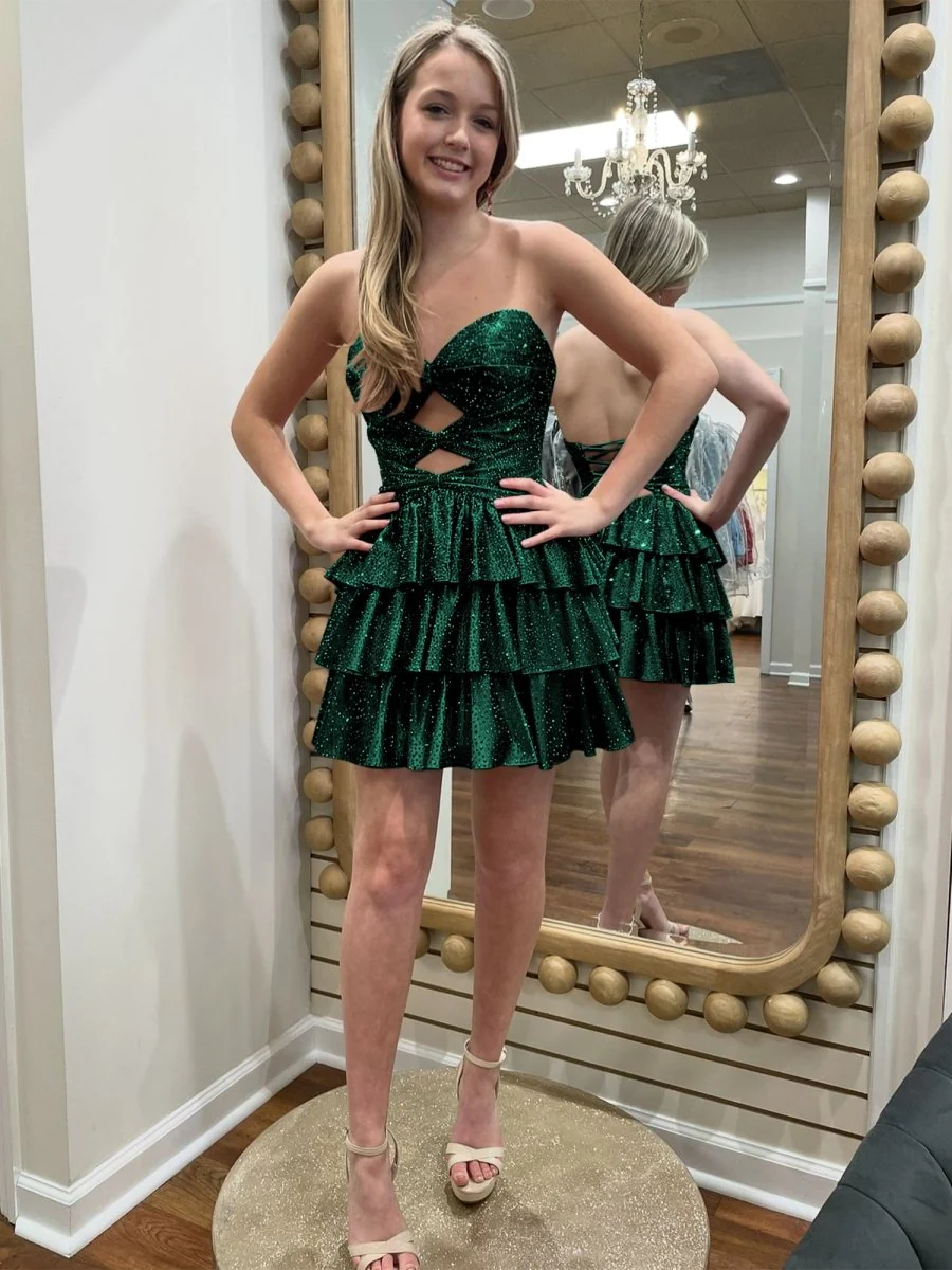 Dark Green - A Line Sweetheart Satin Cut Out Ruffled Homecoming & Cocktail Dresses with Beads
