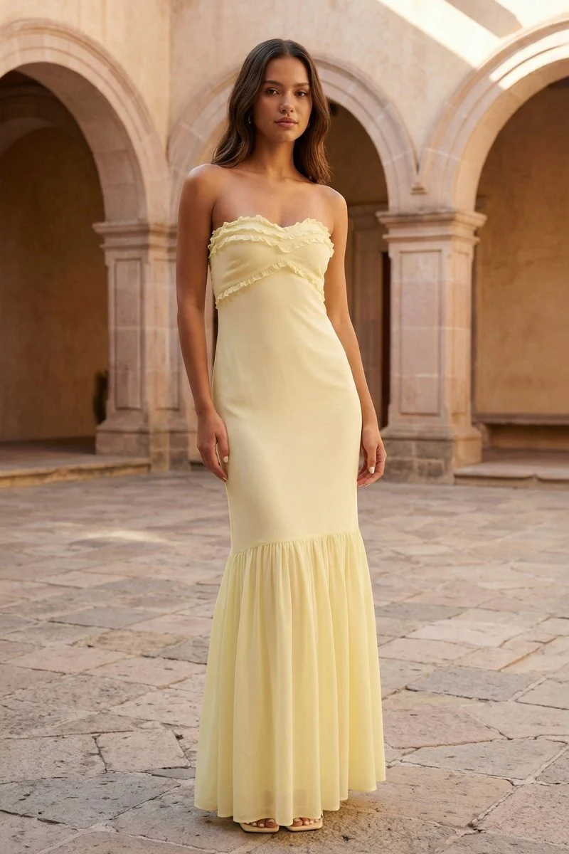 Yellow Strapless Sheath Chiffon Long Prom Dresses With Ruffles