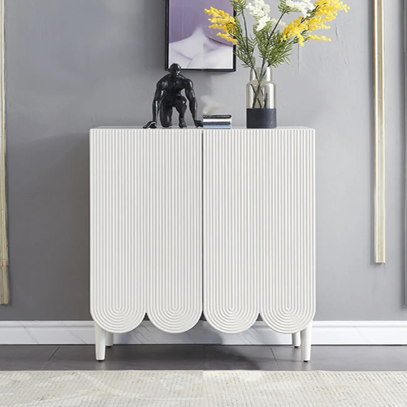 Modern White Wood Scalloped Adjustable Shelves Cabinet