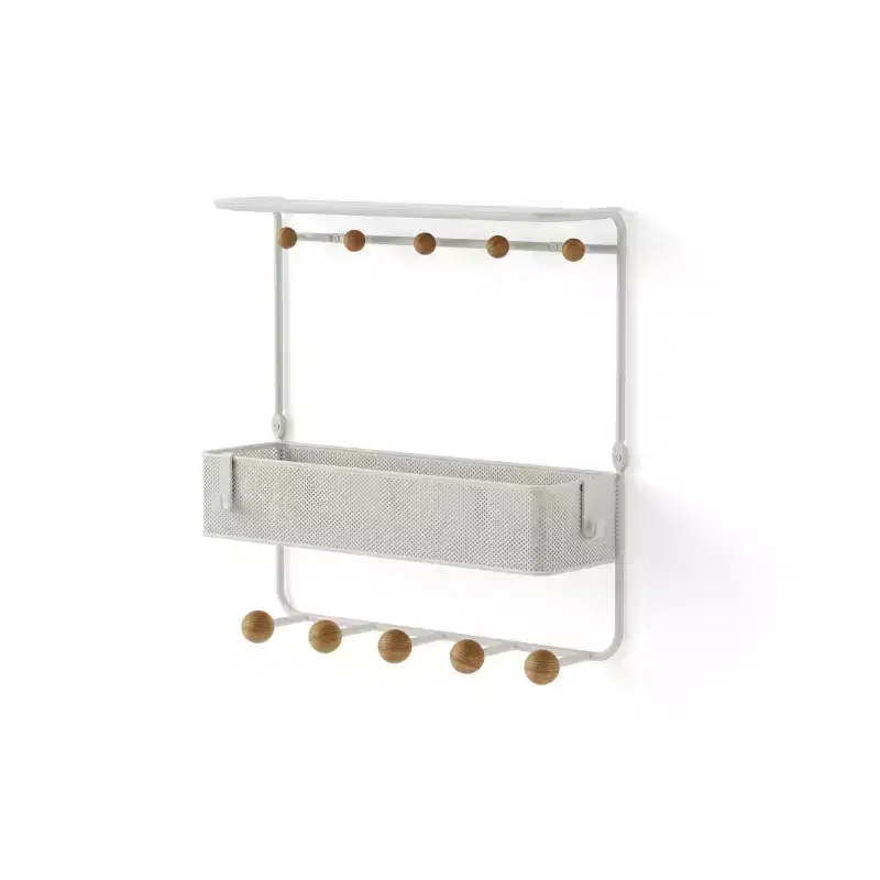 Umbra Antique Shelf With Hooks: White Decorative Wall Shelf, Metal Frame, 10 Hooks, Floating Entryway Storage, 12.5" Width