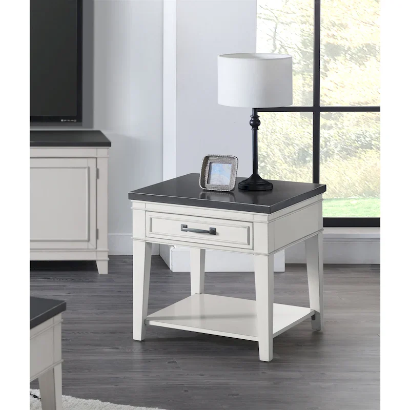 Coastal Casual 1-Drawer End Table – Antique White & Grey, 24