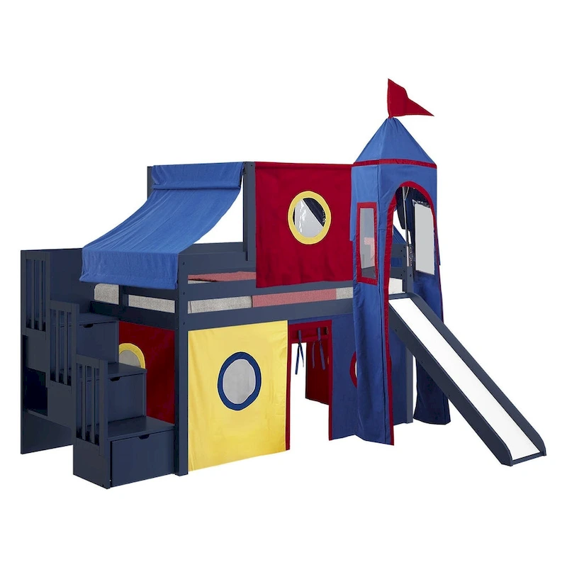 JACKPOT Prince & Princess Low Loft Twin Bed, Stairs Slide Tent & Tower