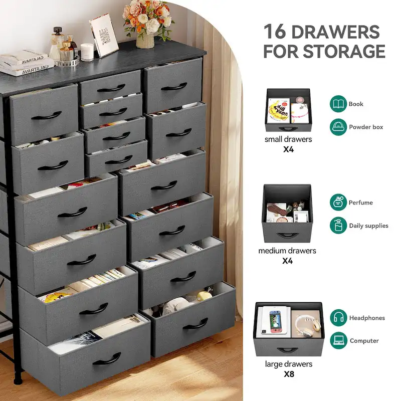 Moasis 16-drawer Dresser Chest with Metal Frame, Wood Tabletop