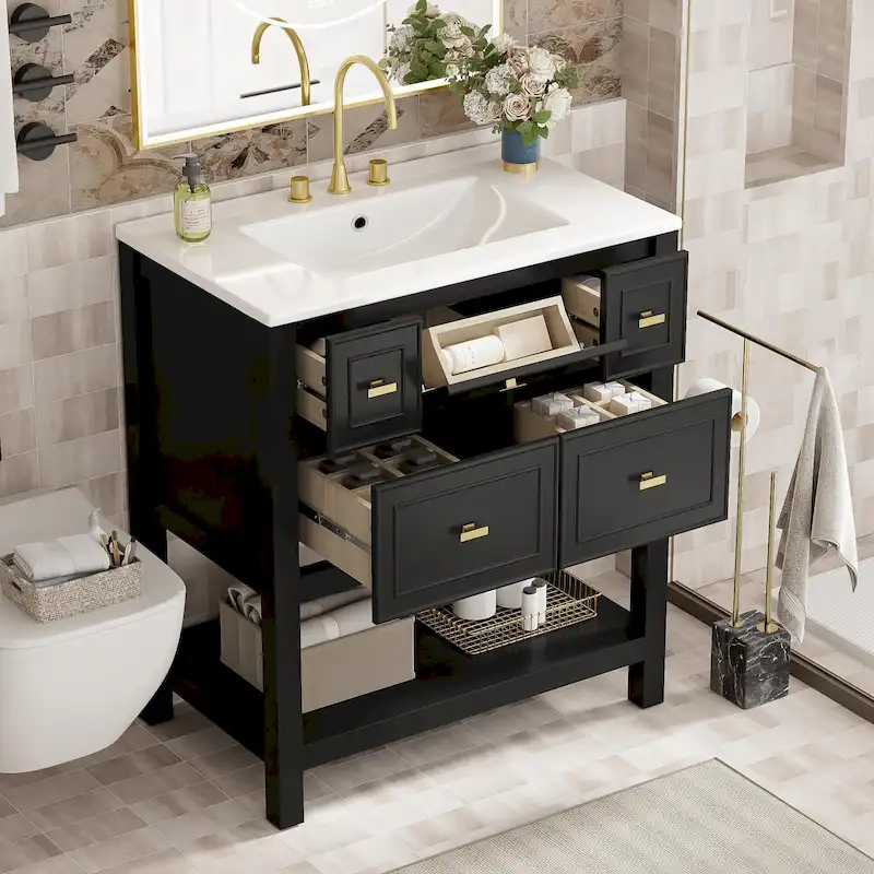 30 Bathroom Vanity with Ceramic Sink Combo, Free Standing Single Vanity Set with 5 Drawers
