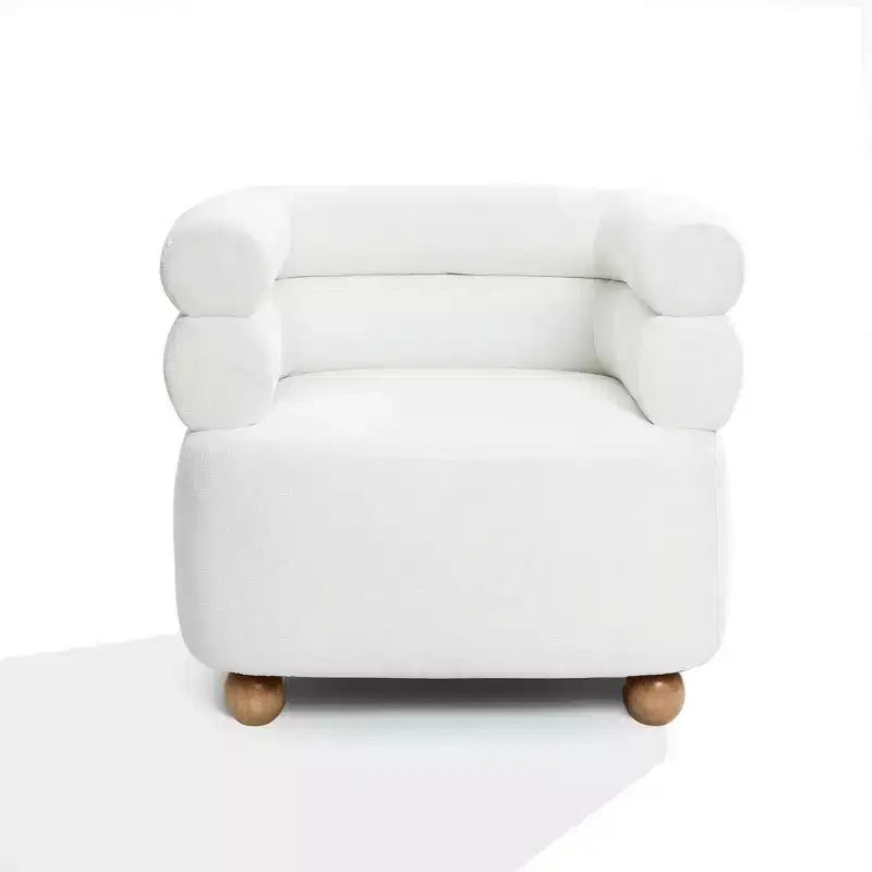 LuxenHome Modern Upholstered Ivory Barrel Accent Chair with Wood Ball Legs Beige