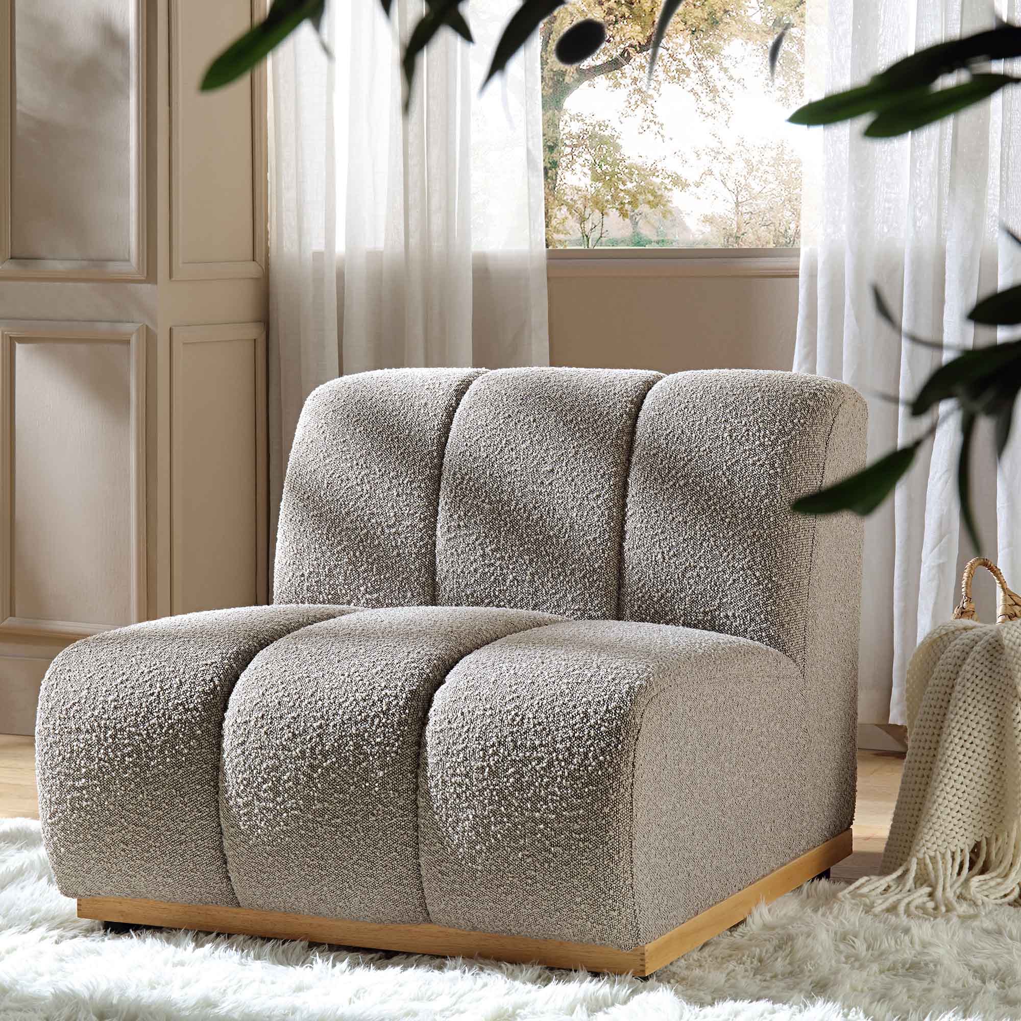 Taupe Boucle Sectional Sofa, 1-Seater Armless Sofa