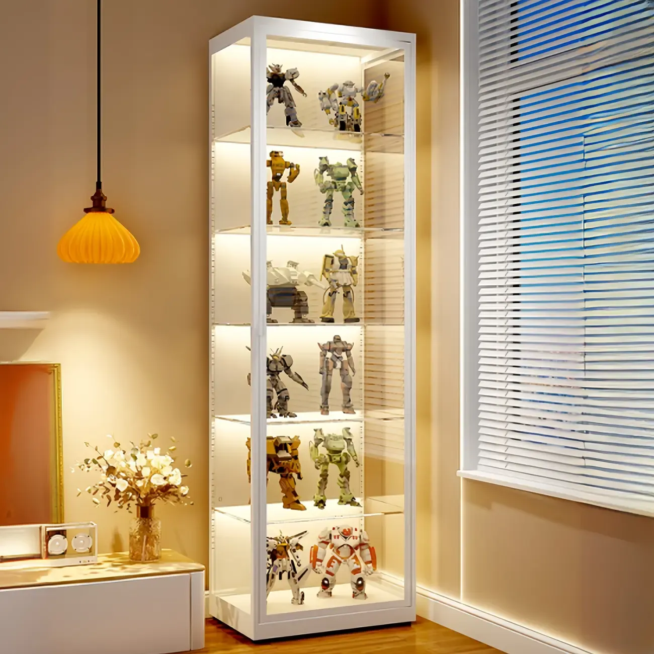 Freestanding Modern Metal Glass LED Lighted Curio Cabinet