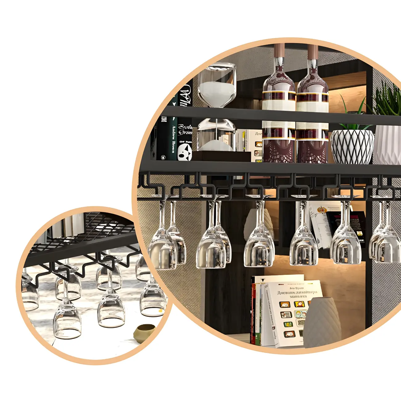 Black Metal Large Hanging Wine Rack with Glass Holder