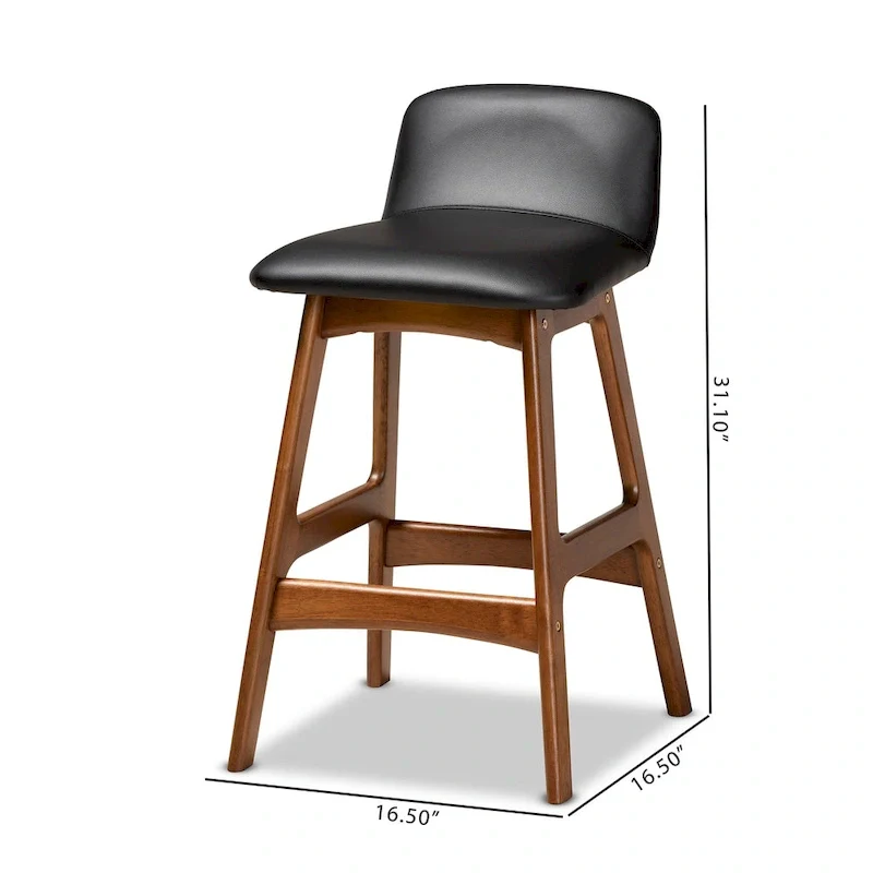 Black Faux Leather Counter Stool - Walnut Brown Mid-Century Style