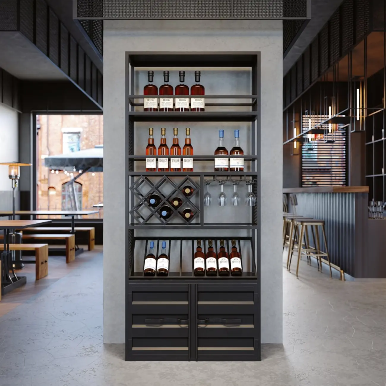 Industrial Versatile Metal Floor Wine Rack with Cabinet