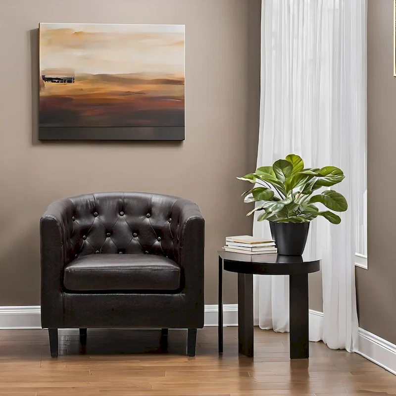 Accent Chair, Button Tufted Faux Leather Barrel Chair, Midcentury Modern Accent Chair, Comfy Armchair, Tub Barrel Chairs