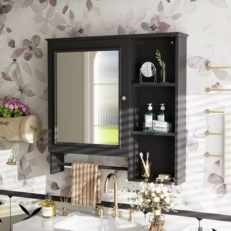 Clihome Wall Mounted Bathroom Storage Cabinet, Medicine Cabinets with Large Mirror Door, Adjustable Shelves and Three Open Storage Levels