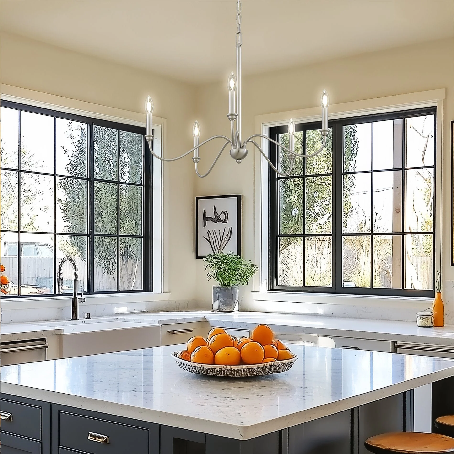 Kira Home Archer 28 5-Light Large Modern Chandelier + Curved Arms, Adjustable Hanging Height, Brushed Nickel Finish