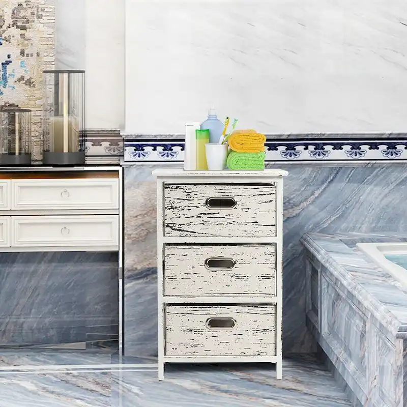 Gymax Set of 2 Chest w/3 Fabric Drawers Vintage Wood Frame End Side