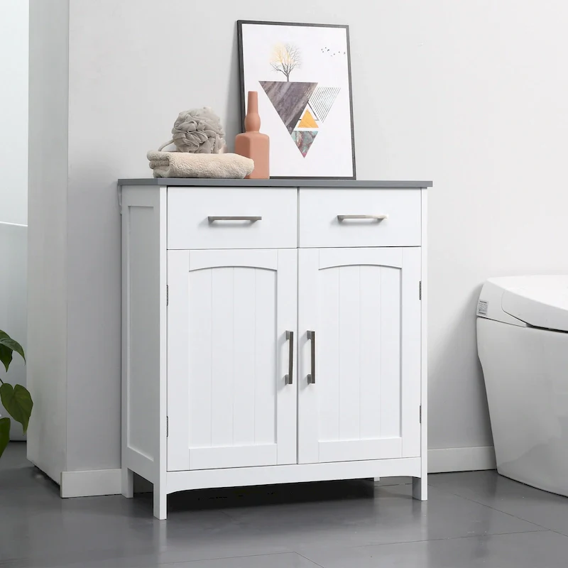 kleankin Bathroom Floor Cabinet, Freestanding Linen Cabinet, Storage Cupboard with 2 Drawers, Double Doors