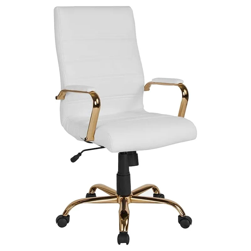High Back White Leather Office Chair with Gold Frame