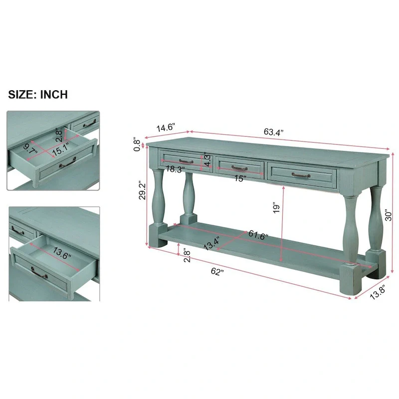 Long Wood Console Table with 3 Drawers and 1 Bottom Shelf