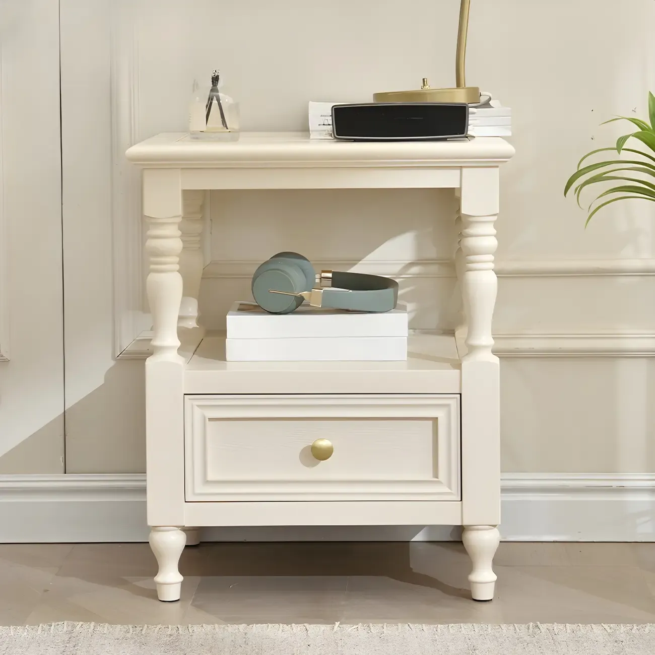 Elegant White Wood Open Storage Nightstand with Drawer